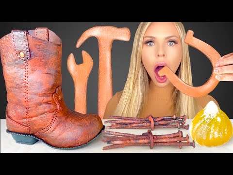ASMR EDIBLE COWBOY BOOTS, RUSTY TOOLS, JELLY SPIRAL, RUSTY NAILS, ONE COLOR CHALLENGE MUKBANG 먹방 꿀벌