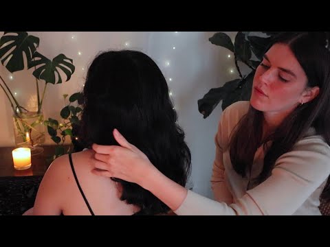 ASMR hypnotizing hair play and gua sha massage on Raquel (low light, whisper)