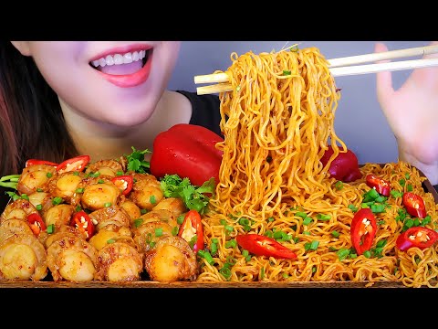 ASMR FLYING NOODLES WITH SPICY SCALLOP , EATING SOUNDS | LINH-ASMR