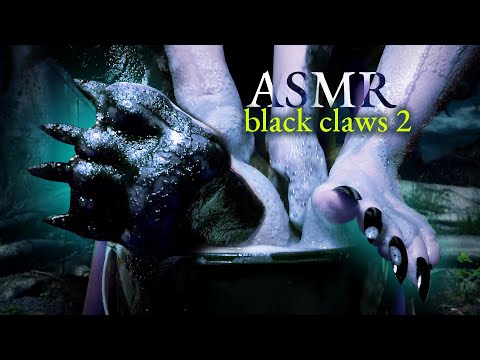 ASMR black claws on feet, black foam, water, sponge
