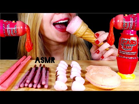 ASMR *PINK FOOD* CRUNCHY STRAWBERRY POCKY, SOUR DULCE, GIANT CAPLICO (EATING SOUNDS) (NO TALKING)