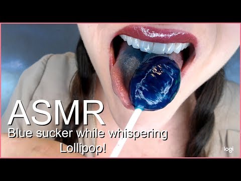 up close blue sucker, mouths sounds while whispering lollipop