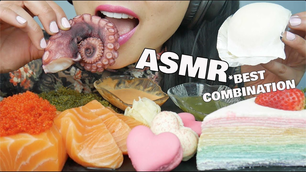 ASMR *BEST COMBINATION (CREPE CAKE Mochi MACARON Sashimi SEAGRAPES Octopus) NO TALKING | SAS-ASMR