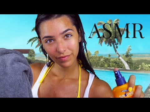 ASMR Relaxing by the Pool (Personal attention, Face touching, Lotion Sounds, Inaudible whispers..)