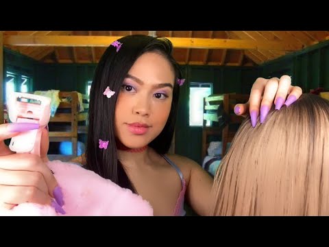 ASMR 90s Popular Mean Girl Befriends U | Doing Your Hair + Makeup @ Camp (she’s snobby) gum chewing