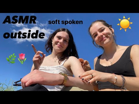 Soft Spoken ASMR outside 🌿🌷 (tapping, back/arm relaxation, tattoo tracing, nature sounds)