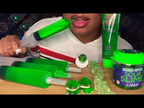 ASMR | Green Desserts 🐸🍏💚 Jello Syringe, Sour Slime, Rock Candy, Gummy Candy, Squeeze Bottle 👅
