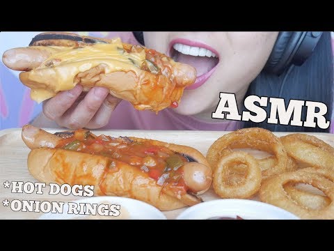 ASMR CHEESY Hot Dogs + Onion Rings (EATING SOUNDS) NO TALKING | SAS-ASMR