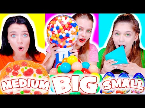 ASMR Big, Medium, Small Food Challenge (Jelly Cups, Gummy Pizza, Bubble Gum) Mukbang