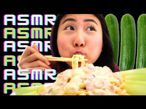 ASMR WHITE SAUCE PASTA 🍝 파스타 Salty food and cucumber! Big bite & Whispering MUKBANG w/ Subtitles