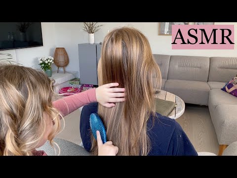 My 6 year old sister tries ASMR 💕 (relaxing hair play, hair brushing, spraying, styling, whispering)