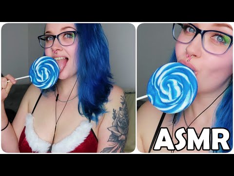ASMR Mrs Claus Licks A BIG Blue Raspberry Lollipop 🤍💙🍭