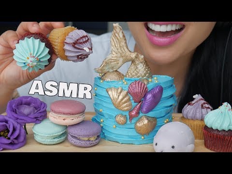 ASMR BLUE & PURPLE MERMAID CAKE + MACARON + MOCHI + CUP CAKES (EATING SOUNDS) NO TALKING | SAS-ASMR