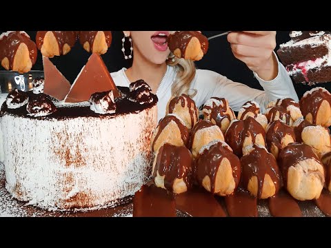 Asmr | CHOCO PROFITEROLES CREAM PUFFS, WHIPPED CREAM CHOCOLATE CAKE MUKBANG (Eating Sounds) 먹방