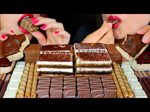 ASMR TIRAMISU CAKE, BROWNIE ICE CREAM, COFFEE CHOCOLATE, POCKY, CHOCOLATE WAFER 먹방 | Kim&Liz ASMR