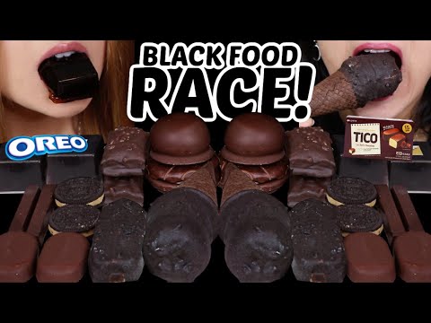 ASMR ONLY BLACK FOODS RACE! OREO ICE CREAM CONE, DARK CHOCOLATE TICO ICE CREAM, WARABI MOCHI 먹방