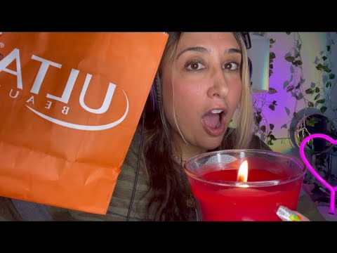 How I spent $100 at ULTA 🧡 ASMR Gum Chewing Haul/ Skincare/ Tapping/ Candle Crackles/ Whispered