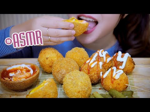 ASMR eating crispy fried soft boiled egg with cheese wrapped , CRUNCHY EATING SOUNDS | LINH-ASMR