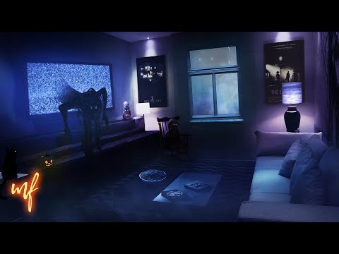 Horror Movie Night ASMR Ambience (rain, thunder, soft TV static & spooky sounds of ghosts & popcorn)