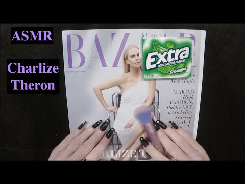 ASMR Gum Chewing Magazine Flip Through | Charlize Theron | Whispered Page Turning