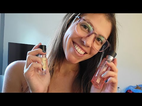 ASMR - showing you some body sprays, perfume, and essential oil💕 liquid sounds, whispering.