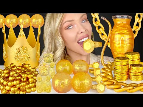 ASMR GOLD FOOD, EDIBLE GOLD DUST DRINK, LYCHEE BOBA, GOLD CROWN, CANDY NECKLACE, JELLY MUKBANG 먹방