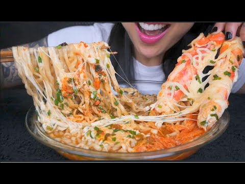 SPICY CHEESY NOODLES WITH KING CRAB LEGS (ASMR EATING SOUNDS) LIGHT WHISPERS | SAS-ASMR