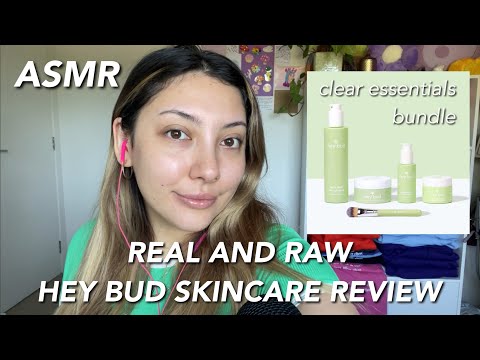 ASMR Hey Bud Skincare REVIEW 💚 ~honest & raw - trying the clear essentials bundle!~ | Whispered