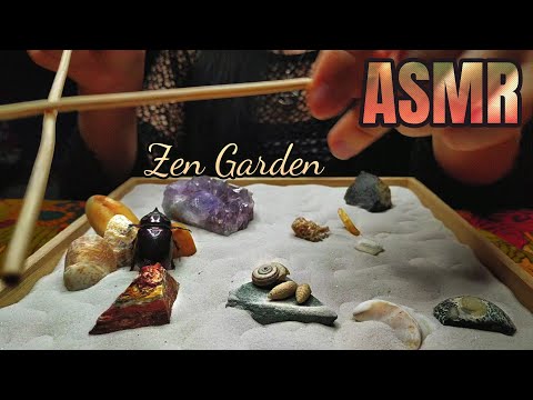 ASMR | Zen garden with minerals, rocks, fossils, shells - crunchy wooden sounds, sand, skewers