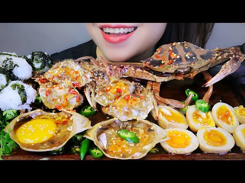 ASMR SOY SAUCE RED CRAB WITH SOFT BOILED EGGS EATING SOUNDS | LINH-ASMR