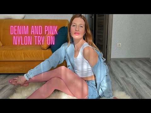 Pink Nylon Pantyhose and Denim Clothes Try On Haul. ASMR. Matching Nylon Tights with Shorts, Skirts.