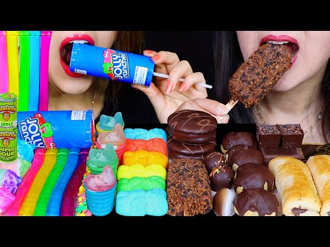 ASMR RAINBOW + CHOCOLATE (JOLLY RANCHER ICE POP, SOUR JELLY NOODLES, MARSHMALLOWS, CANDY CUP, PIE)먹방