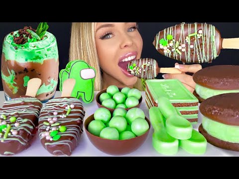 ASMR MINT CHOCOLATE CHIP WHOOPIE PIE, ICE CREAM, MINT CHOCOLATE MOUSSE CUPS, SPOONS MUKBANG 먹방 꿀벌