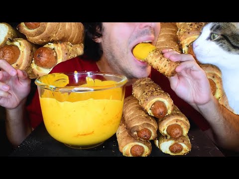 ASMR Eating Bagel Dogs w/ CHEESE SAUCE #shorts