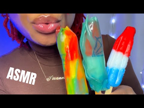 ASMR | Frozen Fruit Roll Up Bomb Pop ice  ❤️🤍💙
