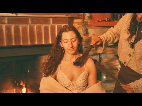 Scalp Check, Hair Play, Feather Work🪶Massage in Cozy 1700s Log Cabin with Fire (Real Person ASMR)