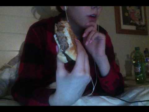 ASMR EATING  & RAMBLE VIDEO: Eating hamburger + tapping, singing and touching microphone