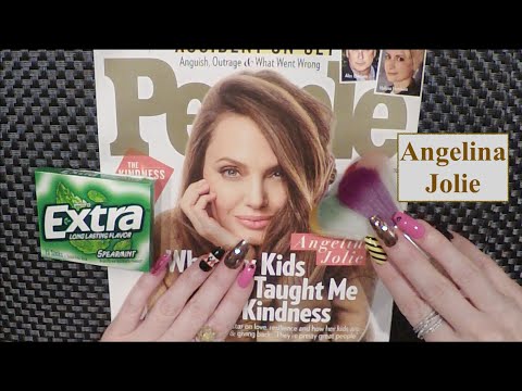 ASMR Gum Chewing Magazine Flip Through |Angelina Jolie| Tingly Whisper, Page Turning