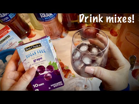 ASMR Adding drink mixes to Bottled Water! (Whispered) Pouring drink over ice & tasting flavors~