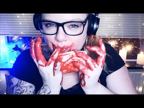 ASMR Sloppy, messy and INTENSE ear eating with red frosting (goofy whispers)