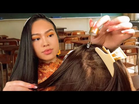 ASMR 70s Popular Girl Plays With Your Hair in Class (Scalp Oiling + Scratching) Soft Gum Chewing RP