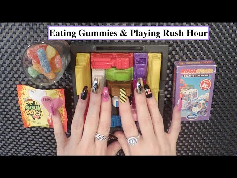 ASMR Eating Gummy Sour Patch Kids & Playing Rush Hour | Whispered Ramble