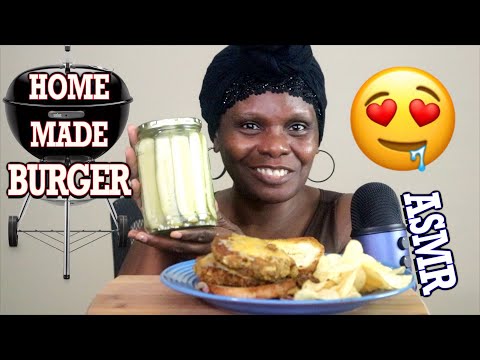 Homemade DOUBLE CHEESE BURGER , Slice Pickles  ASMR Eating Sounds / Vegetarian