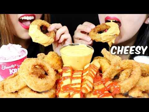ASMR CHEESY FRIED FOOD FEAST (ONION RINGS + FRIED CHICKEN + FRIES) 리얼사운드 먹방 | Kim&Liz ASMR
