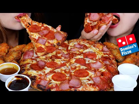 ASMR EATING CHEESY DOMINOS MEATZZA PIZZA + SPICY HOT WINGS *BIG BITES * 피자 먹방