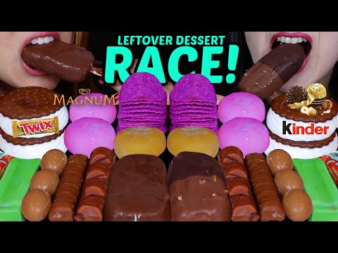 ASMR SHOCKIN LEFTOVER DESSERT RACE! TWIX CANDY BAR, MAGNUM ICE CREAM, FERRERO ROCHER EGGS, KINDER 먹방