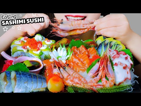 ASMR EATING SASHIMI X SUSHI ROLL (RAW SALMON,SCALLOP,OCTOPUS , TOBIKO EGGS,SWEET SHRIMP| LINH-ASMR