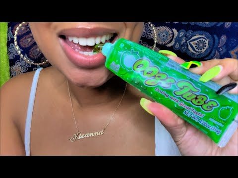 ASMR | Green Foods 💚 Frozen Ooze Tube, Frozen Fruit Roll up 🍏 Wax Candy, Dice Candy 🎲
