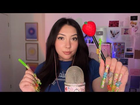 ASMR XXL gummy bear nails SLOW tapping 💅 Unpredictable slow triggers, mouth sounds 💤| Corrine’s CV