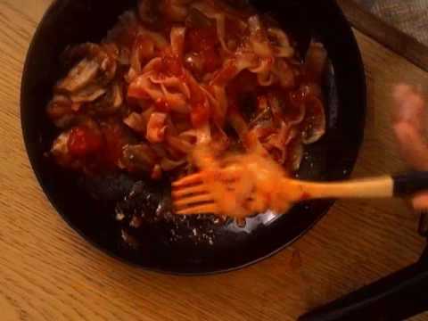 ASMR Eating Sounds/Whispering: Pasta with mushrooms and tomato sauce